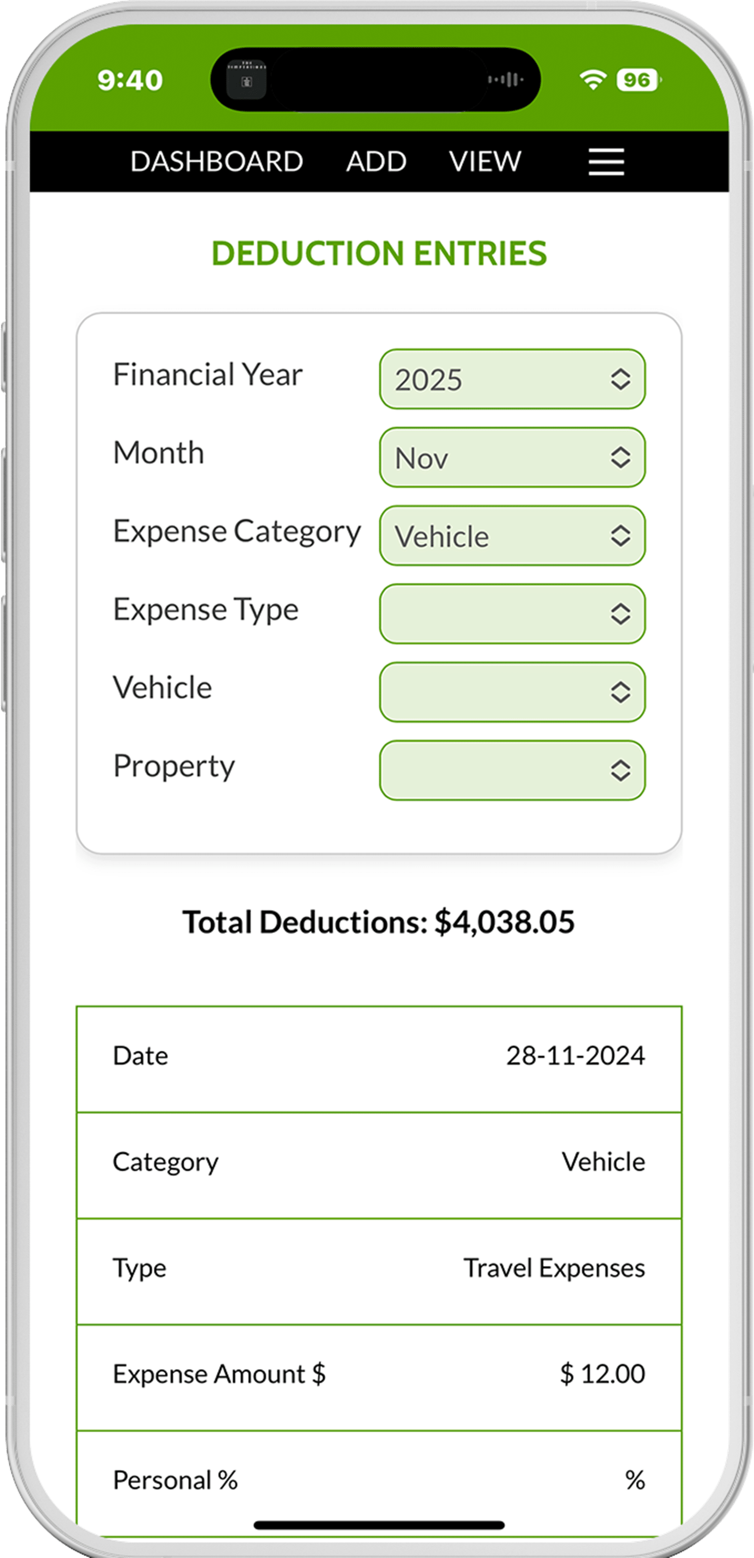 Deductifi app — add deduction entries